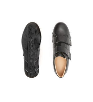 Top and outsole views of Kendal black wide fit orthopaedic shoes.