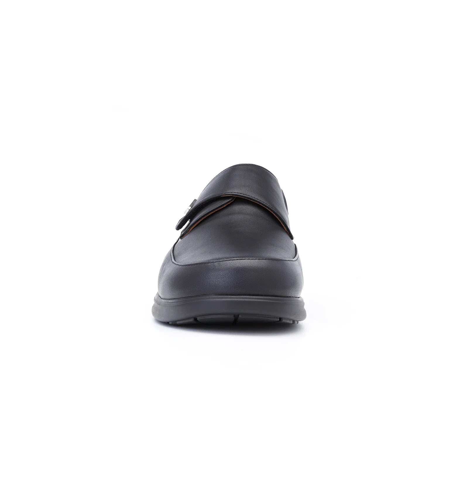 Front view of black Kent men's comfort fit orthopaedic shoes featuring a supportive stable sole and adjustable fastening.