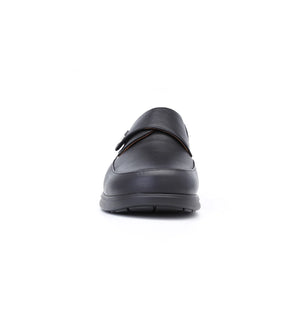 Front view of black Kent men's comfort fit orthopaedic shoes featuring a supportive stable sole and adjustable fastening.