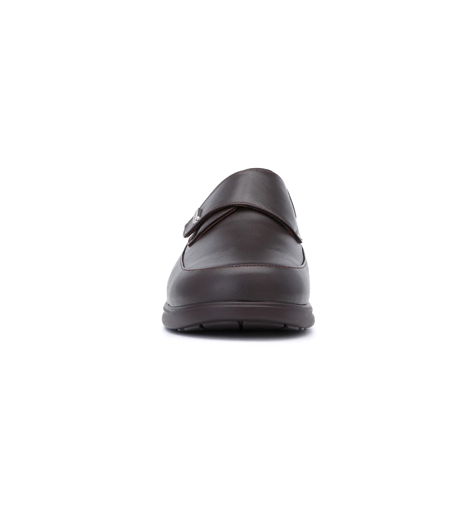 Front view of brown Kent men's comfort fit orthopaedic shoes featuring a supportive stable sole and adjustable fastening.