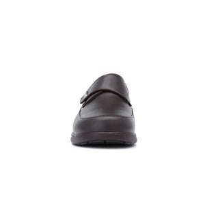Front view of brown Kent men's comfort fit orthopaedic shoes featuring a supportive stable sole and adjustable fastening.