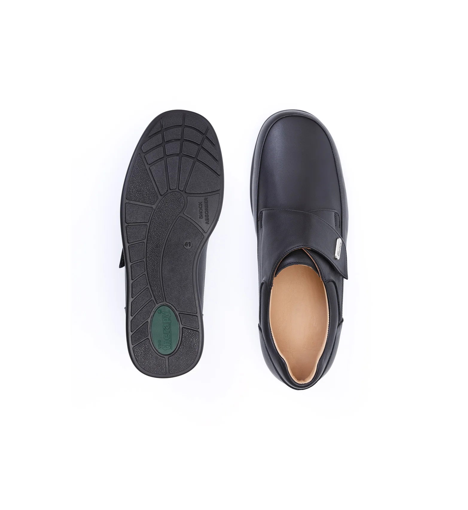 Top and sole view of black Kent men's comfort fit orthopaedic shoes with a stable supportive sole and comfortable orthopaedic design.