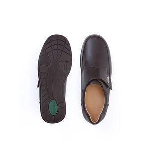 Top and sole view of brown Kent men's comfort fit orthopaedic shoes featuring a stable sole and comfortable orthopaedic fit.