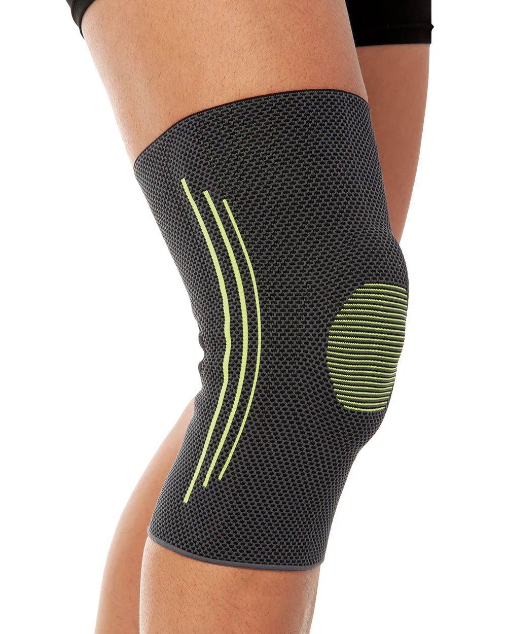 Stabilised knee support with patella cushion for joint stability and compression