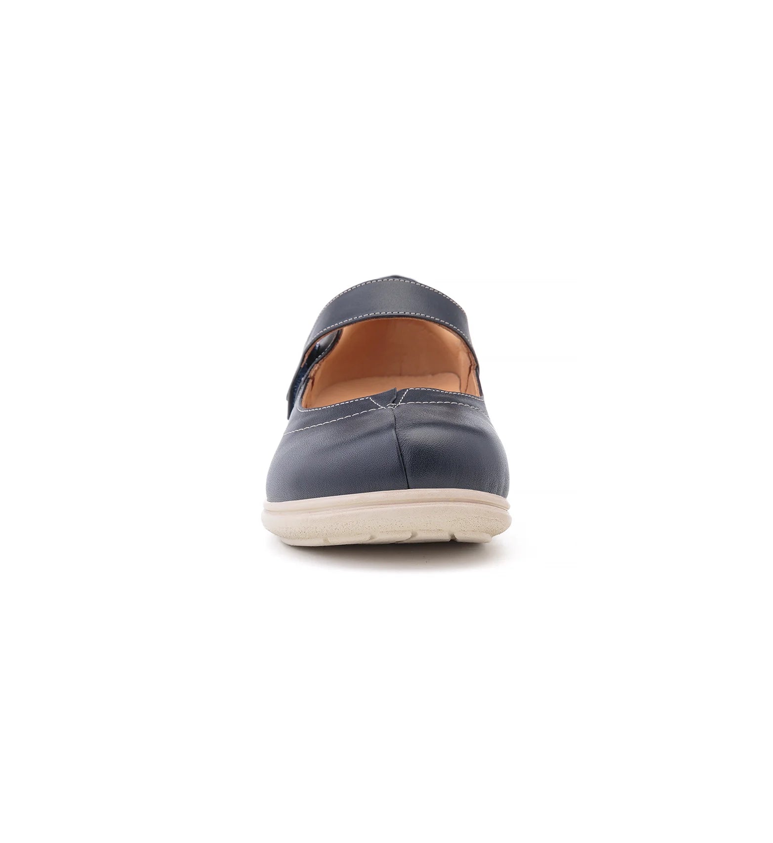Front view of navy Lily women's Mary Jane shoes featuring a wide toe box, seamless lining and comfortable supportive fit.