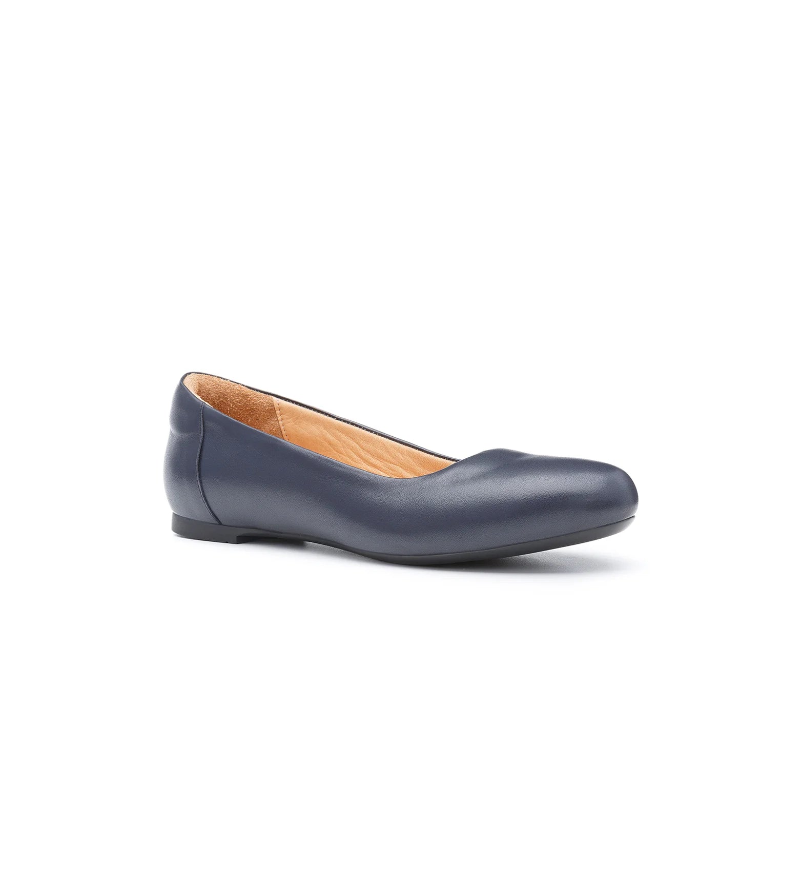Navy wide fit leather ballet shoes for women with cushioned insole and orthopedic support.
