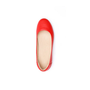 Red wide fit ballet shoes for women with padded insole for standing comfort.