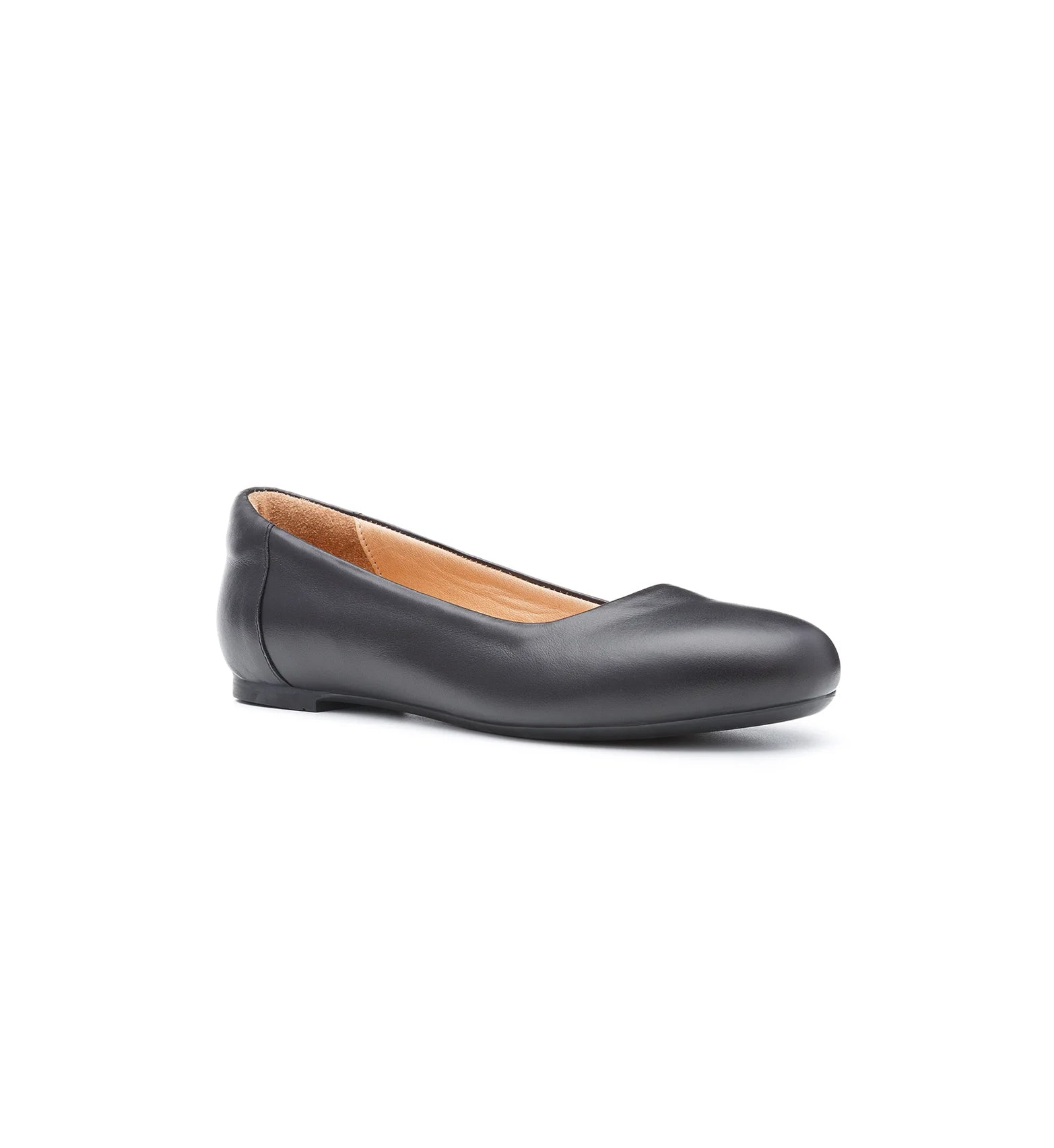 Women’s navy leather wide fit flats with rigid sole for extra stability.