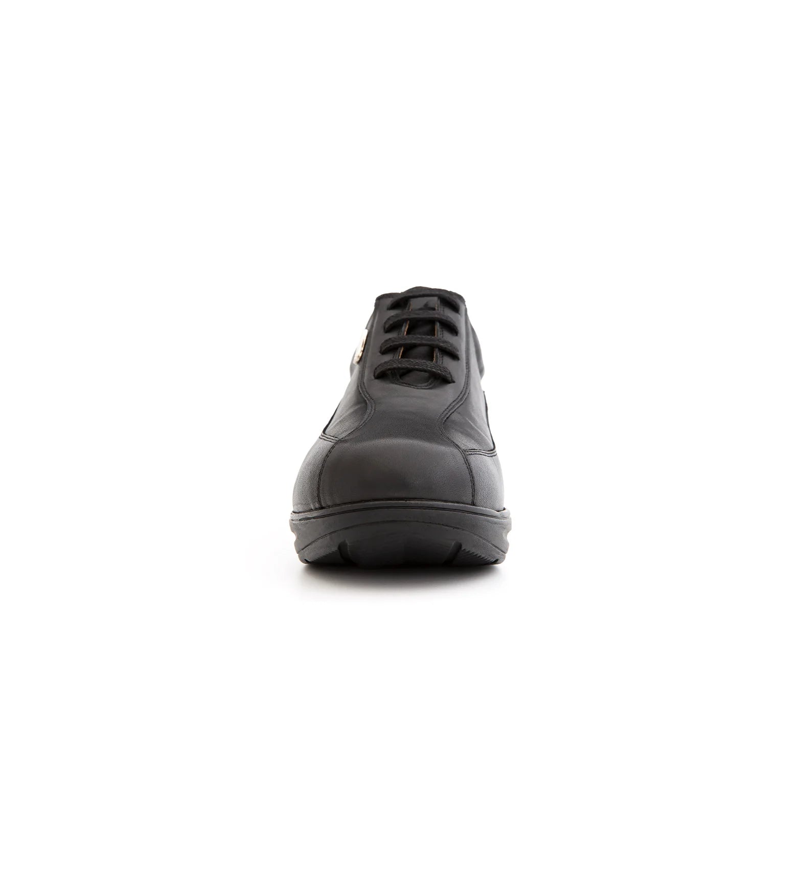 Front view of men’s black orthopaedic diabetic lace-up shoe with extra depth toe box and supportive structure