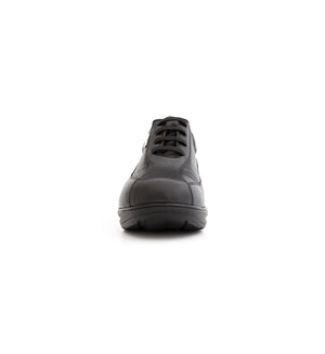 Front view of men’s black orthopaedic diabetic lace-up shoe with extra depth toe box and supportive structure