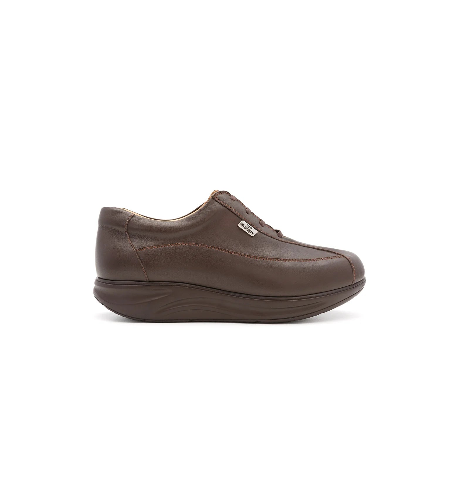 Side view of men's brown supportive walking shoes featuring a rocker bottom sole and spacious wide fit.
