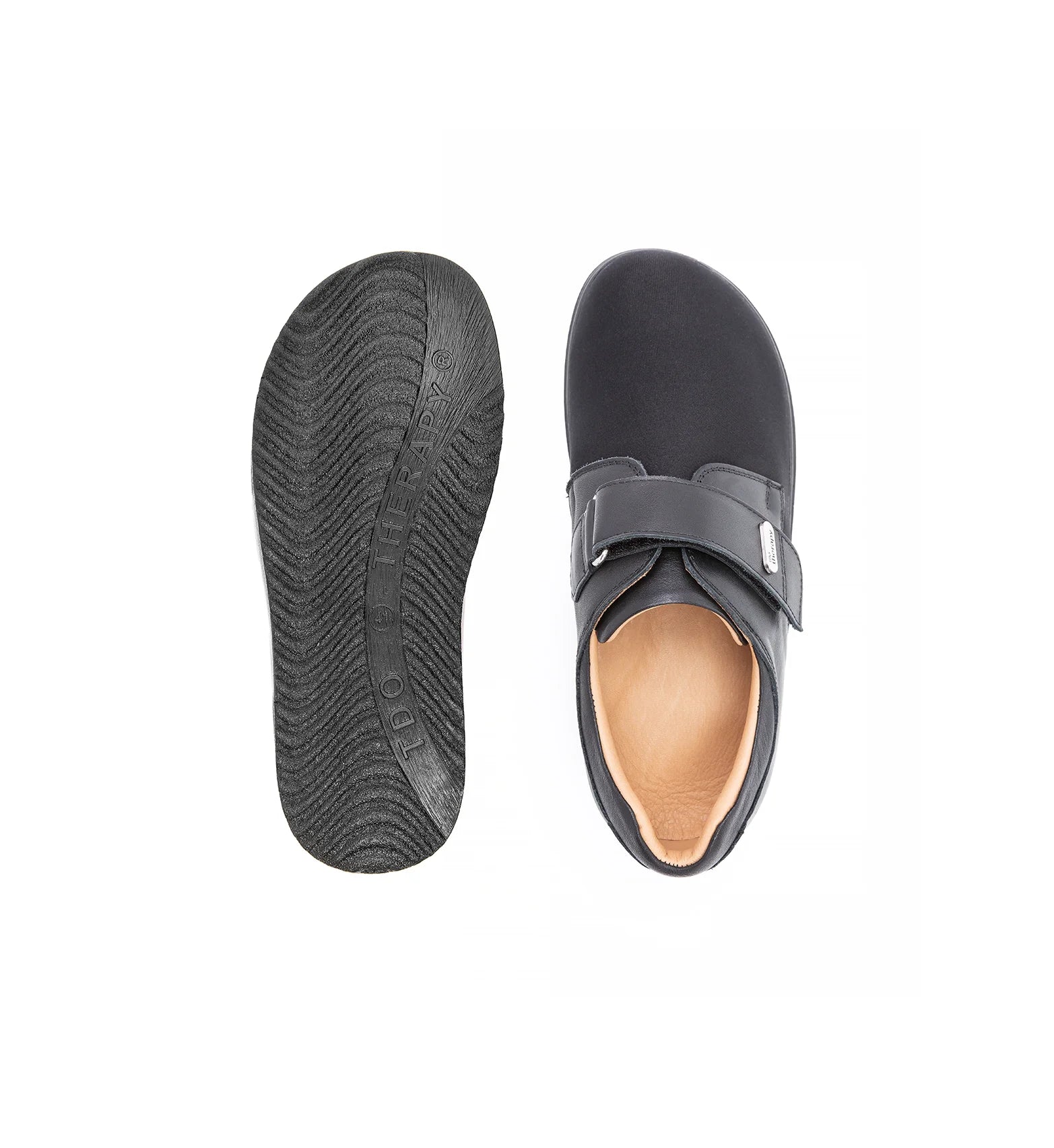 Top and outsole view of men’s extra depth medical shoe featuring wide opening design and non slip sole for stability