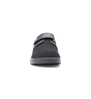 Front view of men’s extra wide and deep diabetic shoe with adjustable strap designed for swollen feet and easy fit