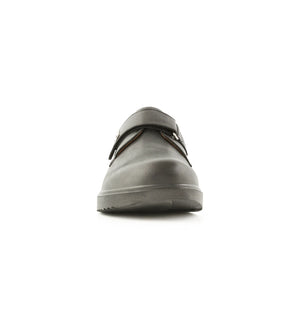 Front view of men’s extra wide and deep diabetic shoe with adjustable velcro strap for swollen feet and easy access