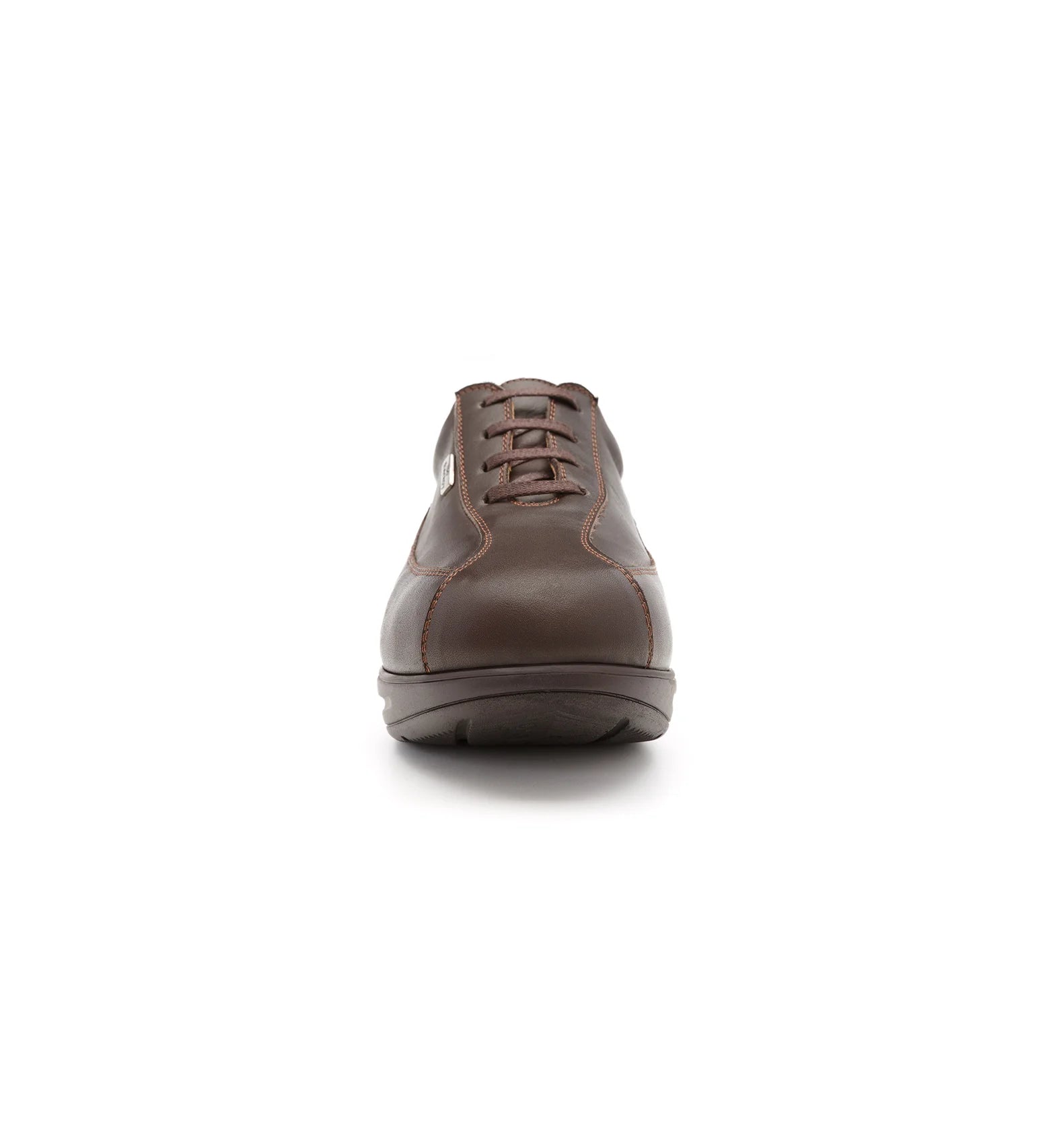 Front view of men's extra wide and deep leather shoes with a rounded toe shape and pressure-free fit.