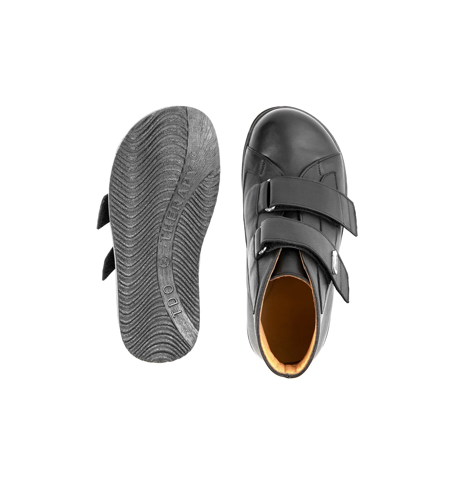 Men’s orthopaedic boots showing rocker sole and extra depth design top and sole view