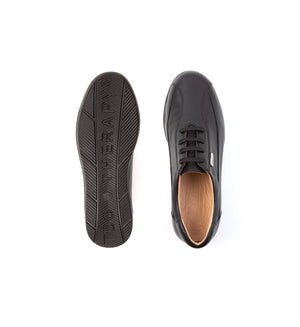Top and outsole view of men’s black orthopaedic diabetic shoe with rocker bottom sole and structured support design