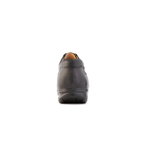 Rear view of men’s orthopaedic shoe showing reinforced heel support and stable structure for improved walking stability