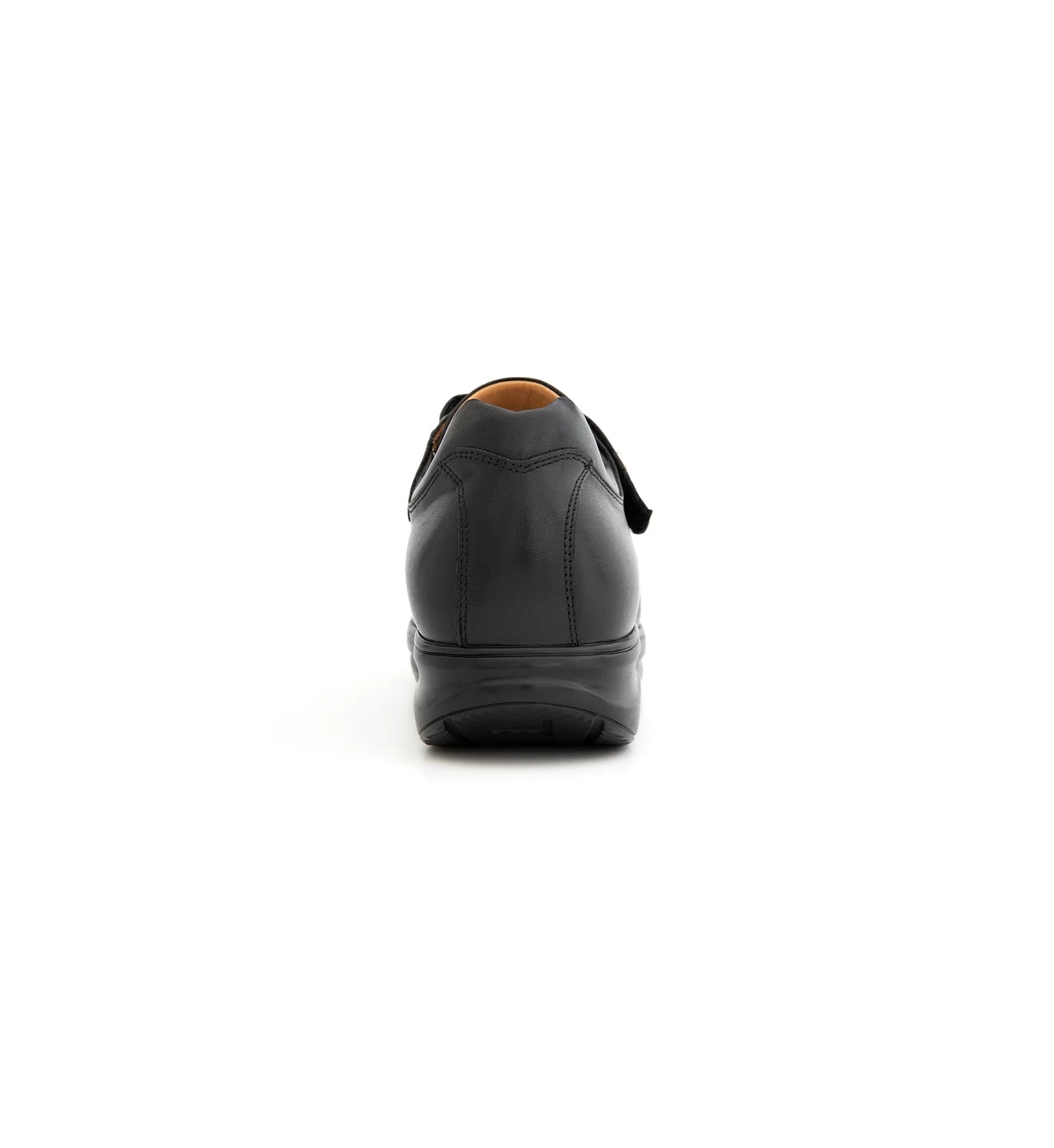 Rear view of men’s supportive walking shoe with cushioned heel base designed for stability and balance