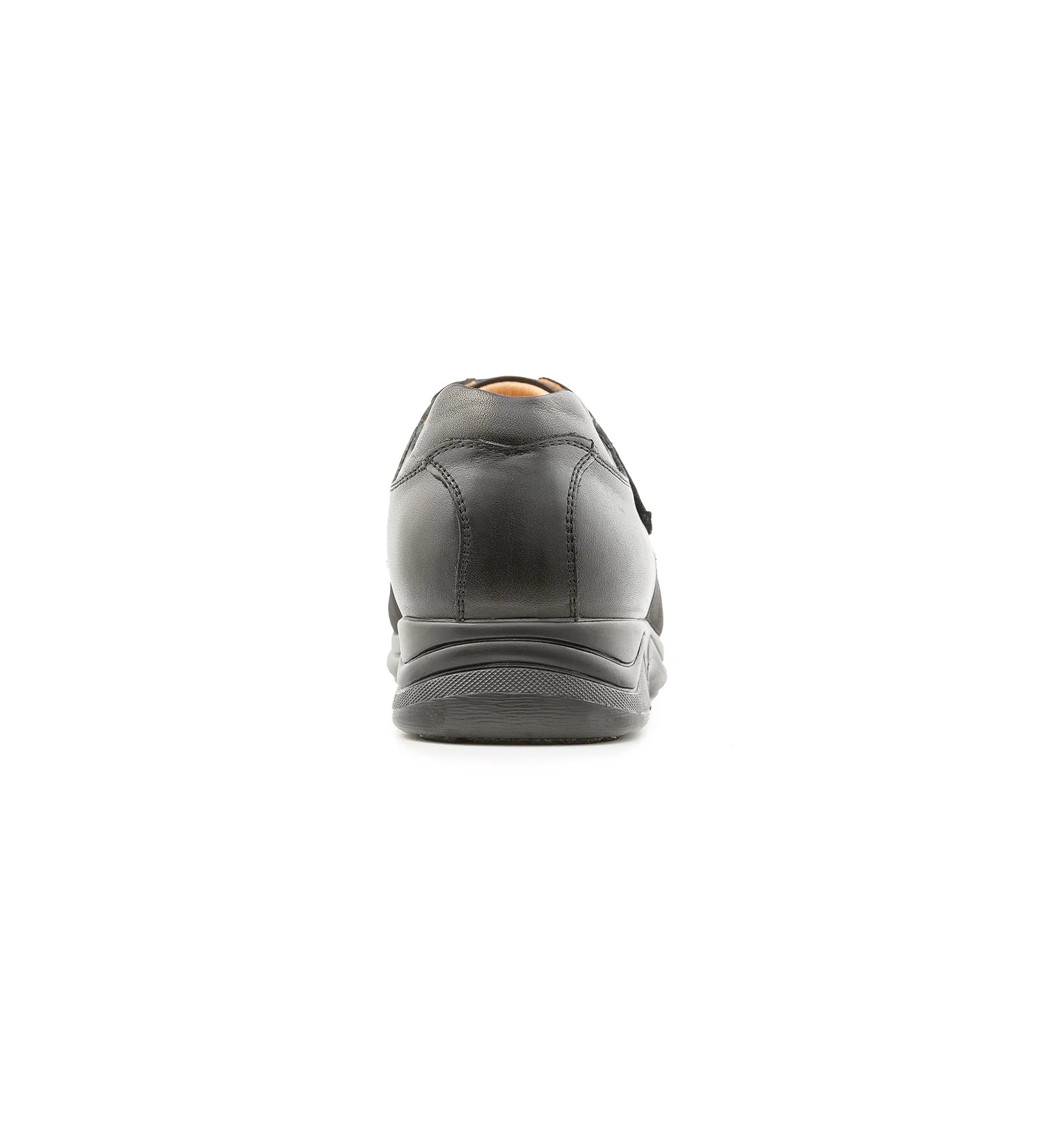 Rear view of black Nestral women's wide fit orthopaedic shoes showing a supportive heel design and wide comfortable fit.