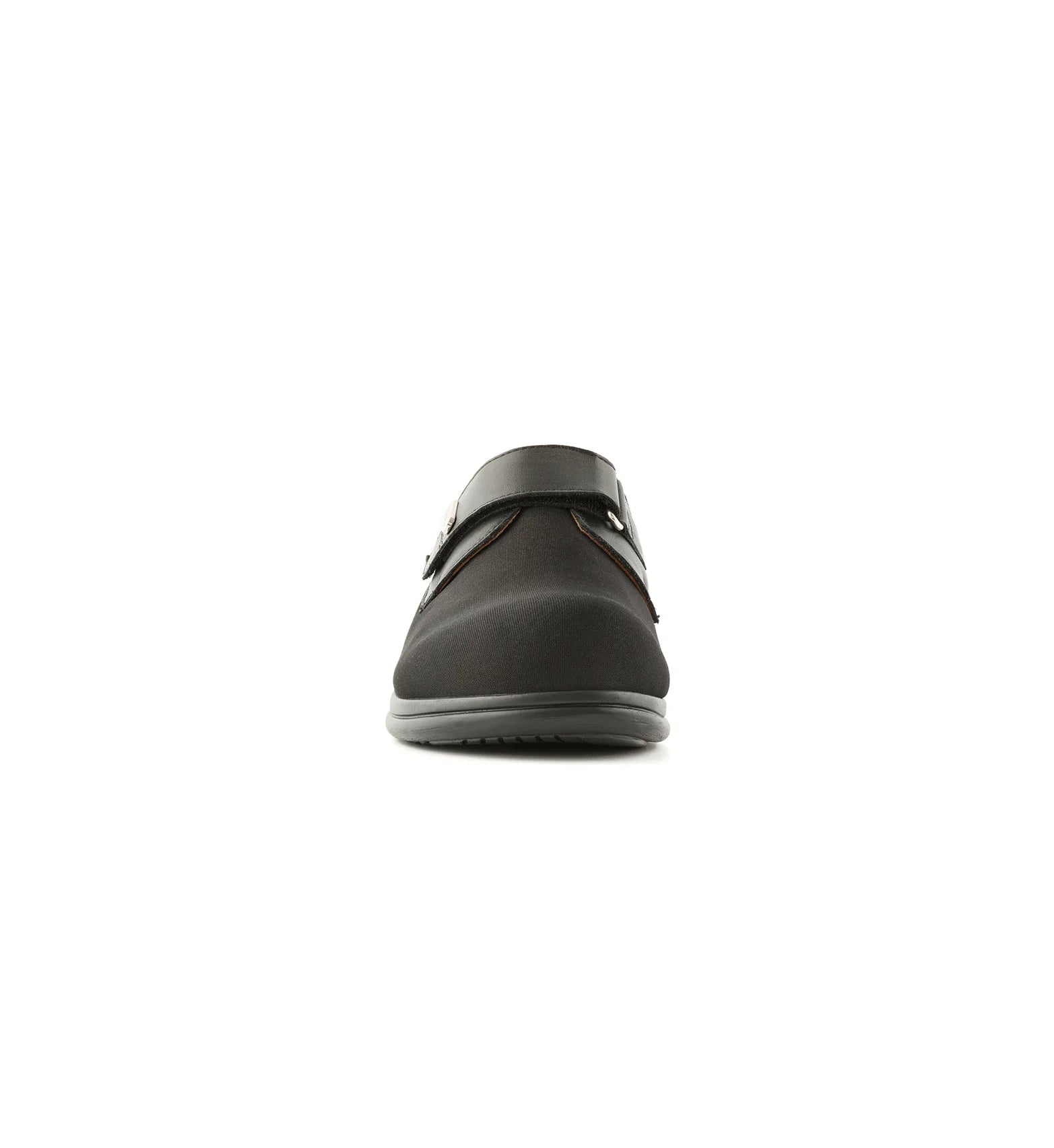 Front view of black Nestral women's wide fit orthopaedic shoes featuring a soft stretch forefoot and adjustable fastening.