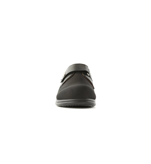 Front view of black Nestral women's wide fit orthopaedic shoes featuring a soft stretch forefoot and adjustable fastening.
