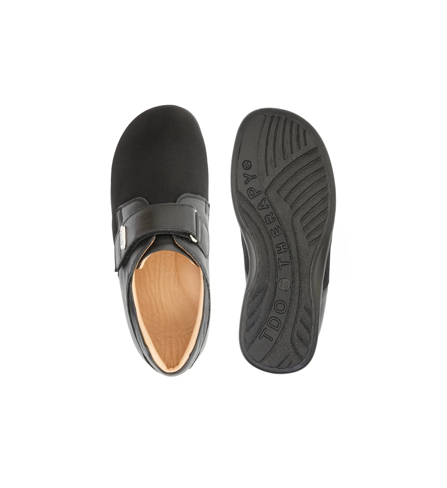 Top and sole view of black Nestral women's wide fit orthopaedic shoes featuring a flat supportive sole and a soft stretch forefoot.