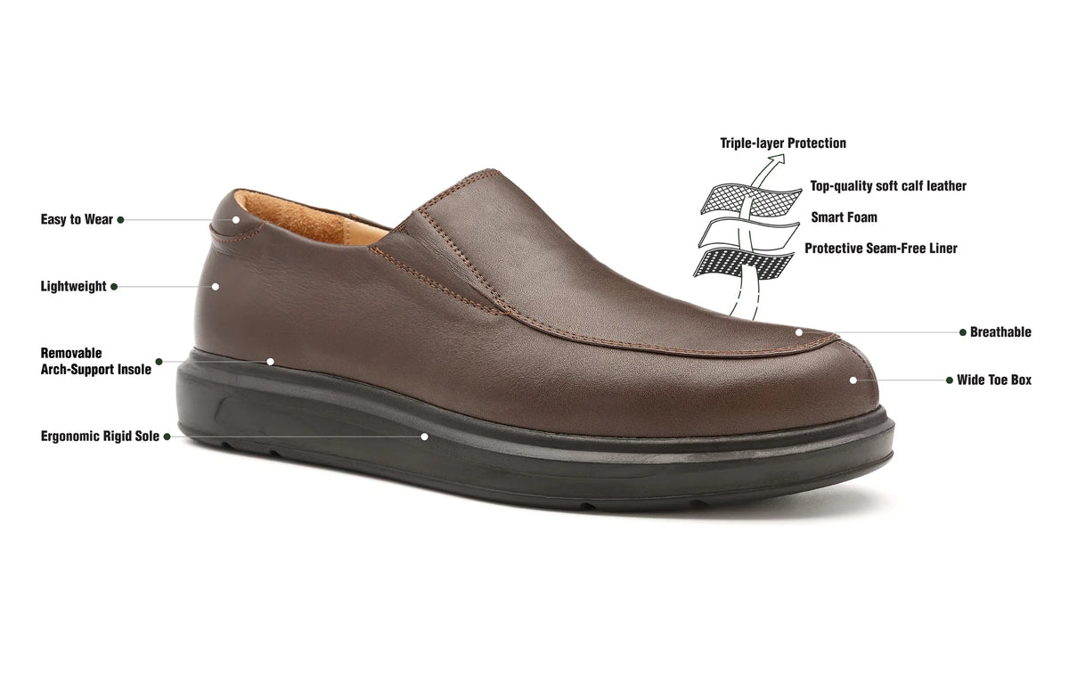 Preston men's wide fit slip-on shoes with labelled fit and construction features