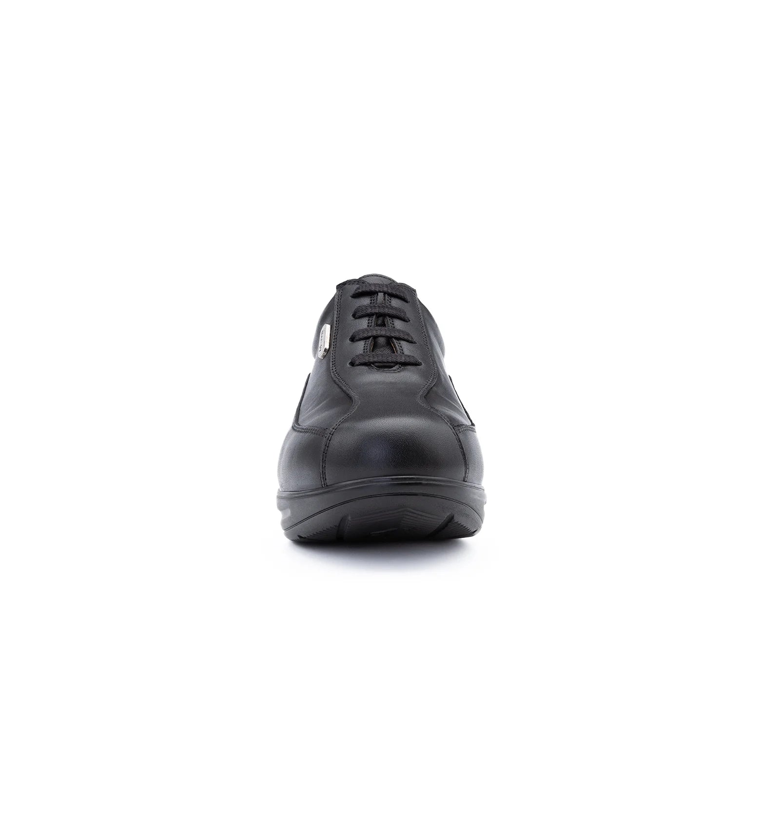 Front view of women’s black orthopaedic diabetic shoe with extra depth toe box and supportive structure