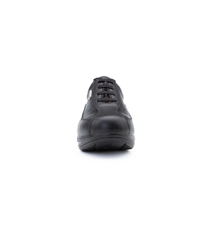 Front view of women’s black orthopaedic diabetic shoe with extra depth toe box and supportive structure