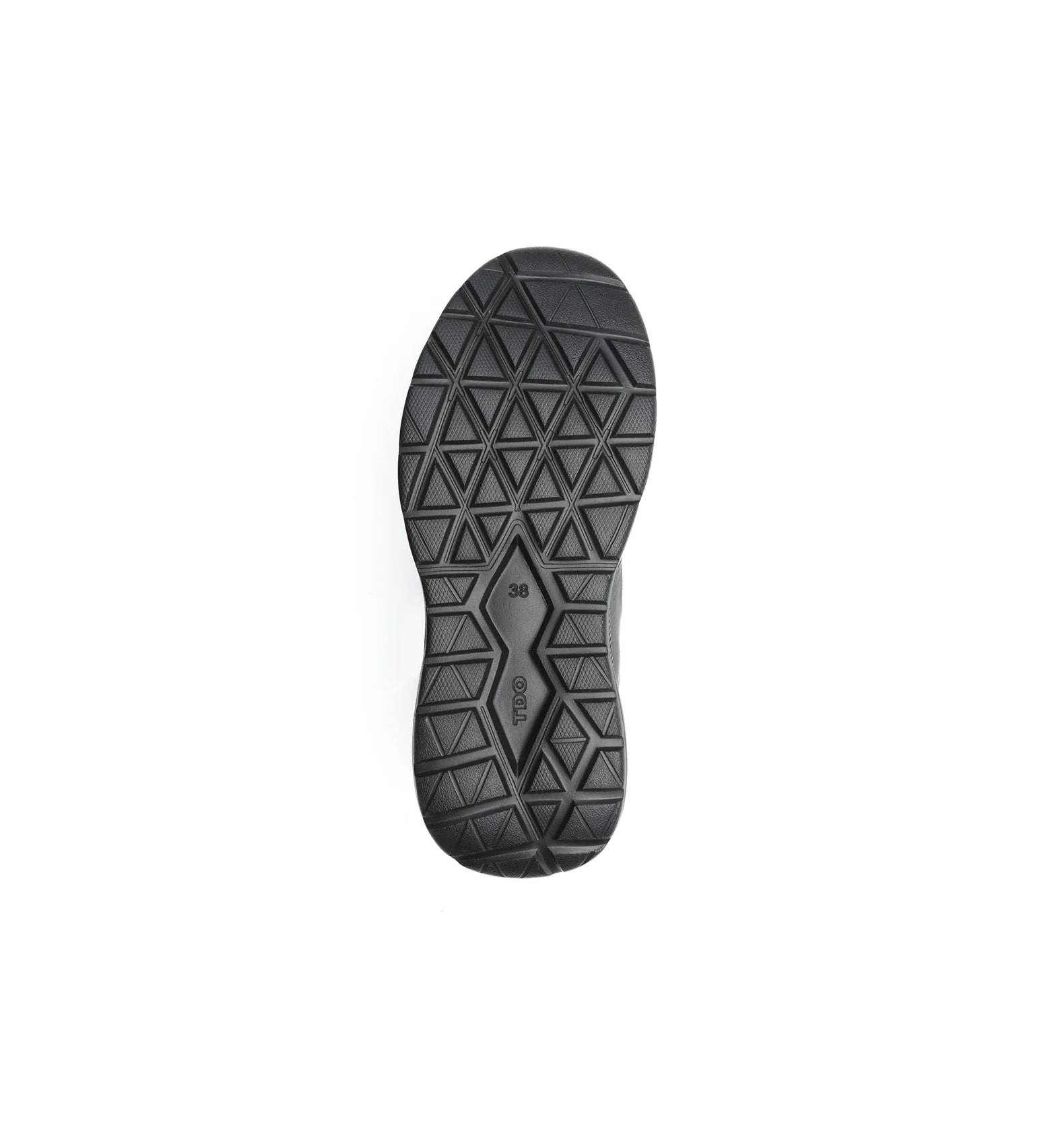 Sole pattern of women’s black slip resistant trainer designed for grip and stability.