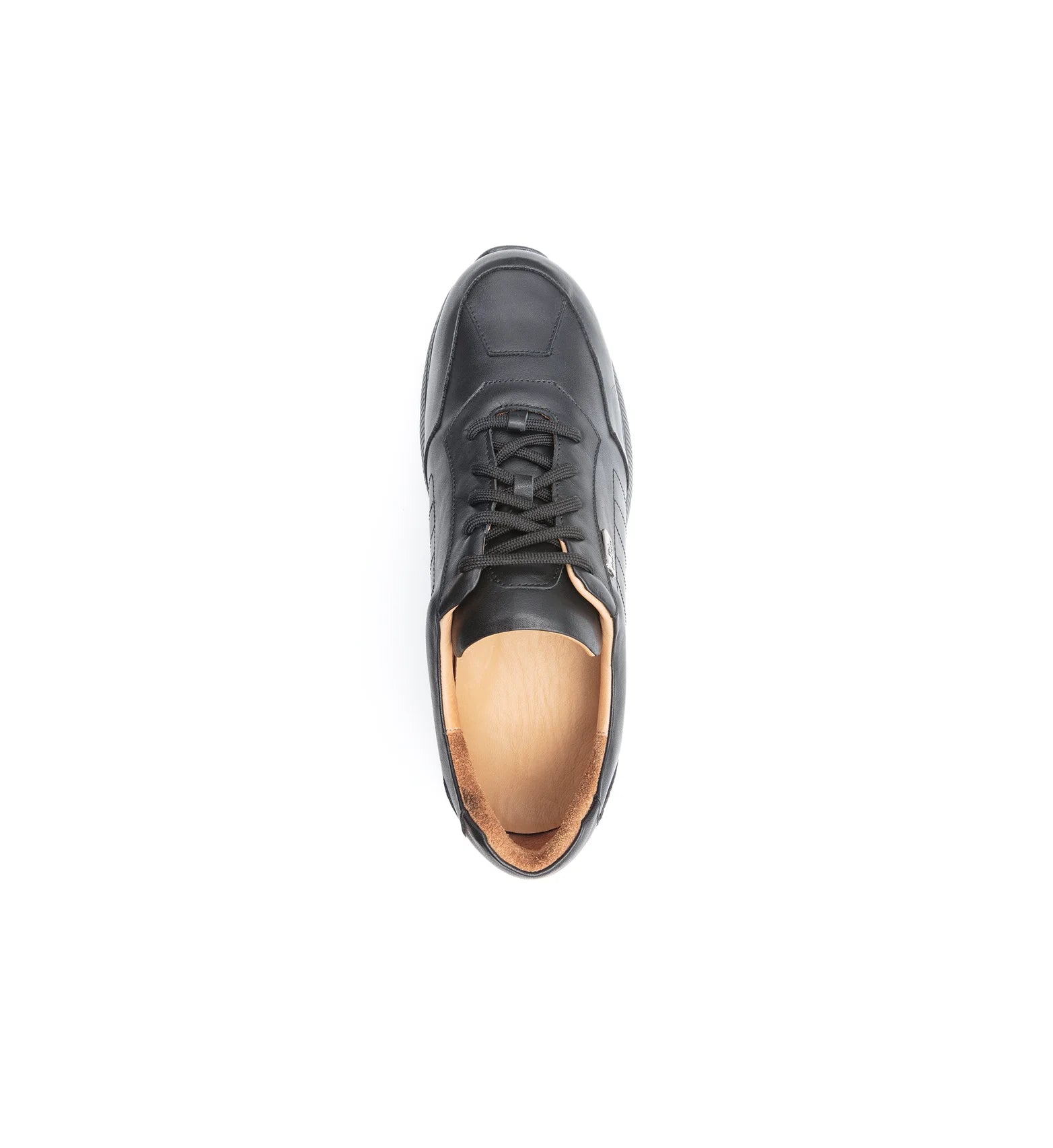 Top view of women’s black wide and deep slip resistant trainer with roomy toe area