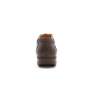 Rear view of women’s brown orthopaedic shoe showing structured heel support