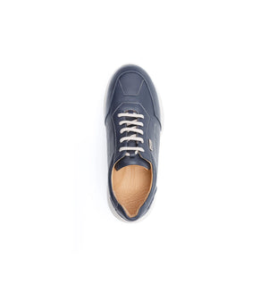Top view of women’s navy orthopaedic diabetic trainer with lace up design and soft leather upper for sensitive feet