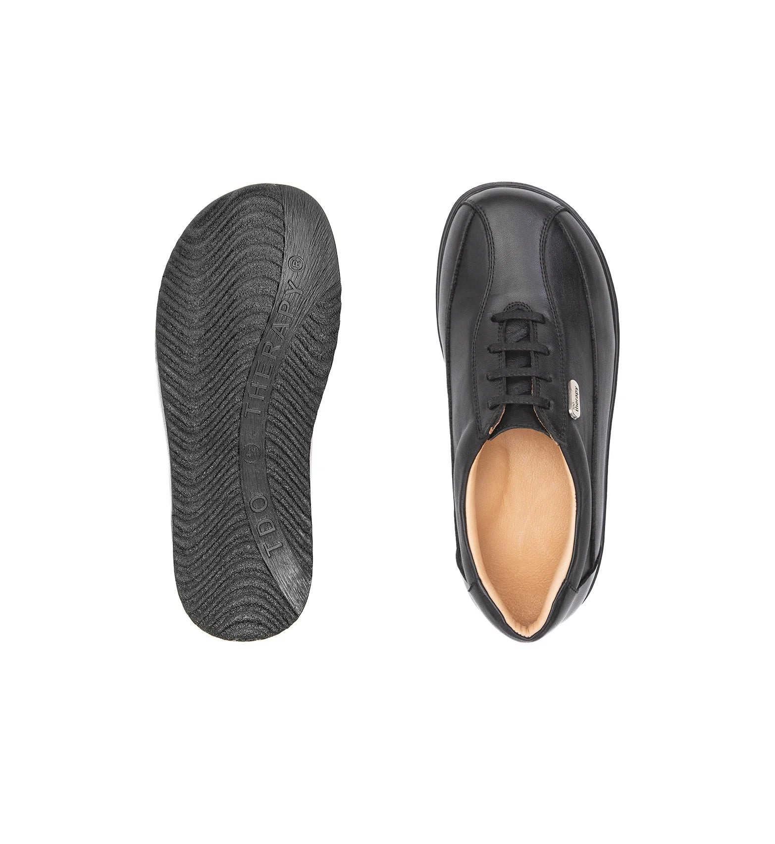 Women’s orthopaedic shoes showing rocker sole and extra depth design top and sole view