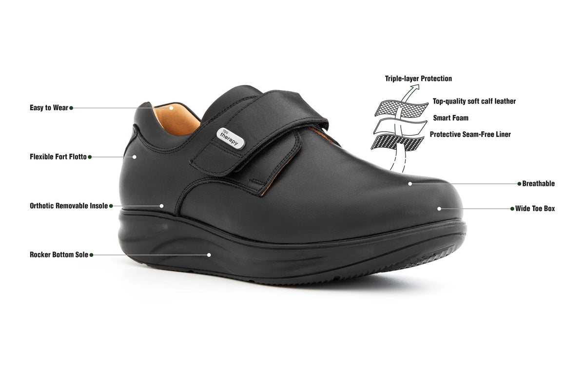 Women's orthopedic shoe with a rocker bottom sole, regular fitting, and a single strap for secure fastening.