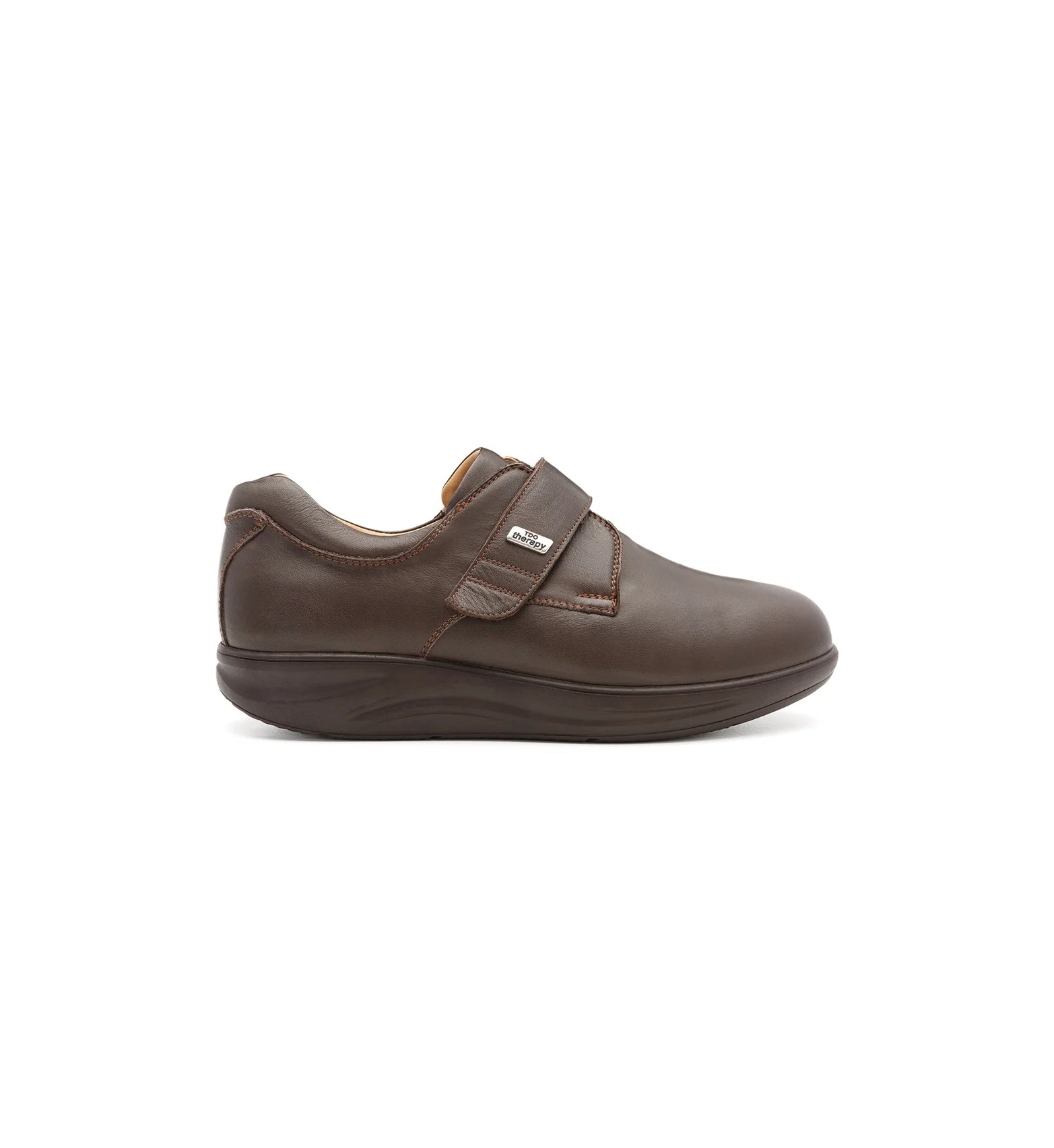 Side view of women's supportive walking shoes featuring a rocker sole, deep fitting design and plain front leather upper.