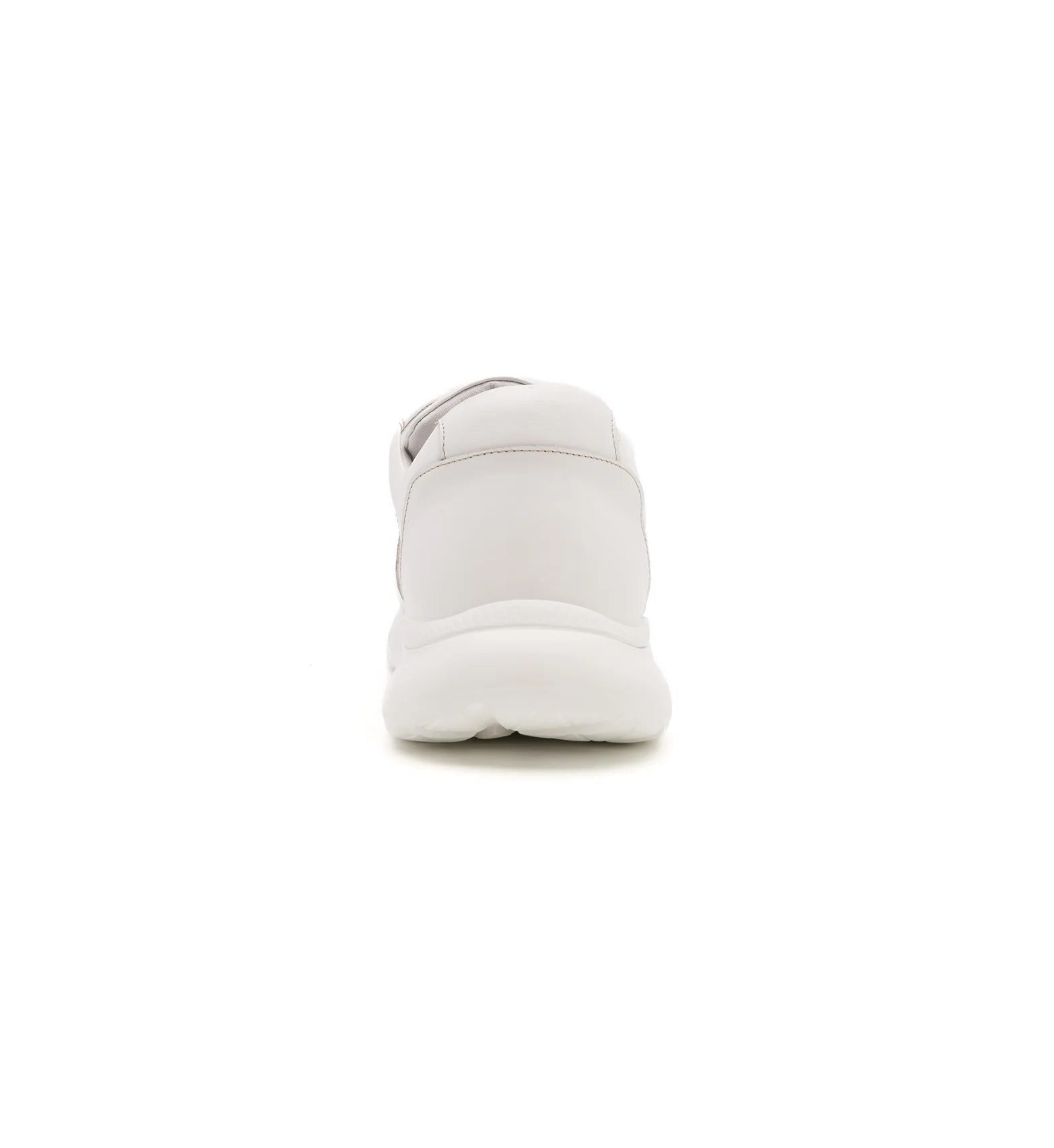 Rear view of women’s white slip resistant trainer with cushioned heel and supportive shape