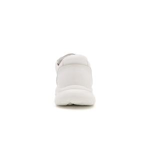 Rear view of women’s white slip resistant trainer with cushioned heel and supportive shape