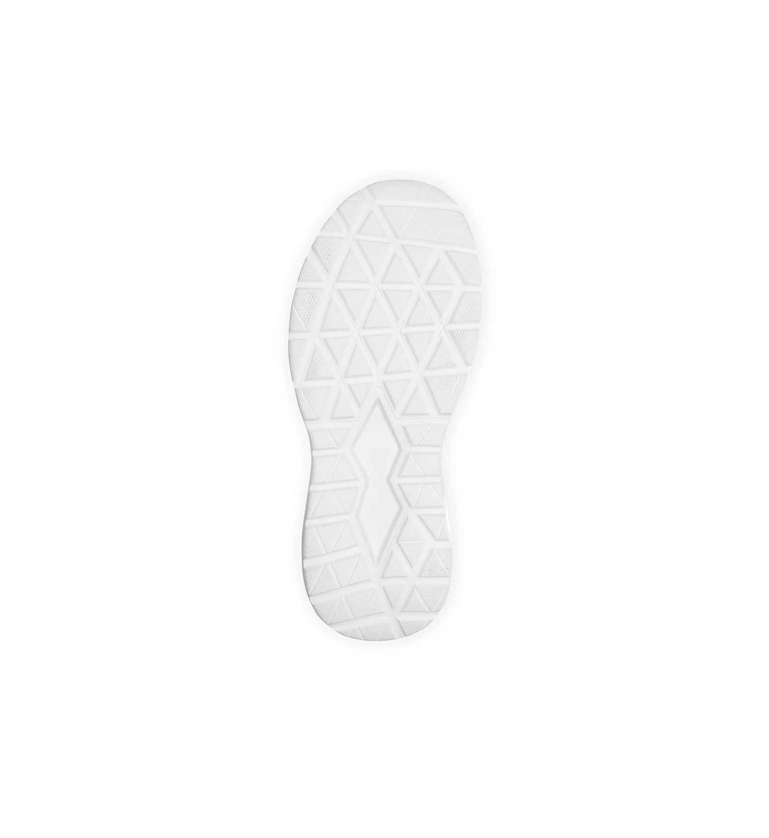 Outsole of women’s white slip resistant trainer showing supportive tread pattern