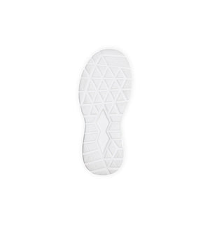 Outsole of women’s white slip resistant trainer showing supportive tread pattern