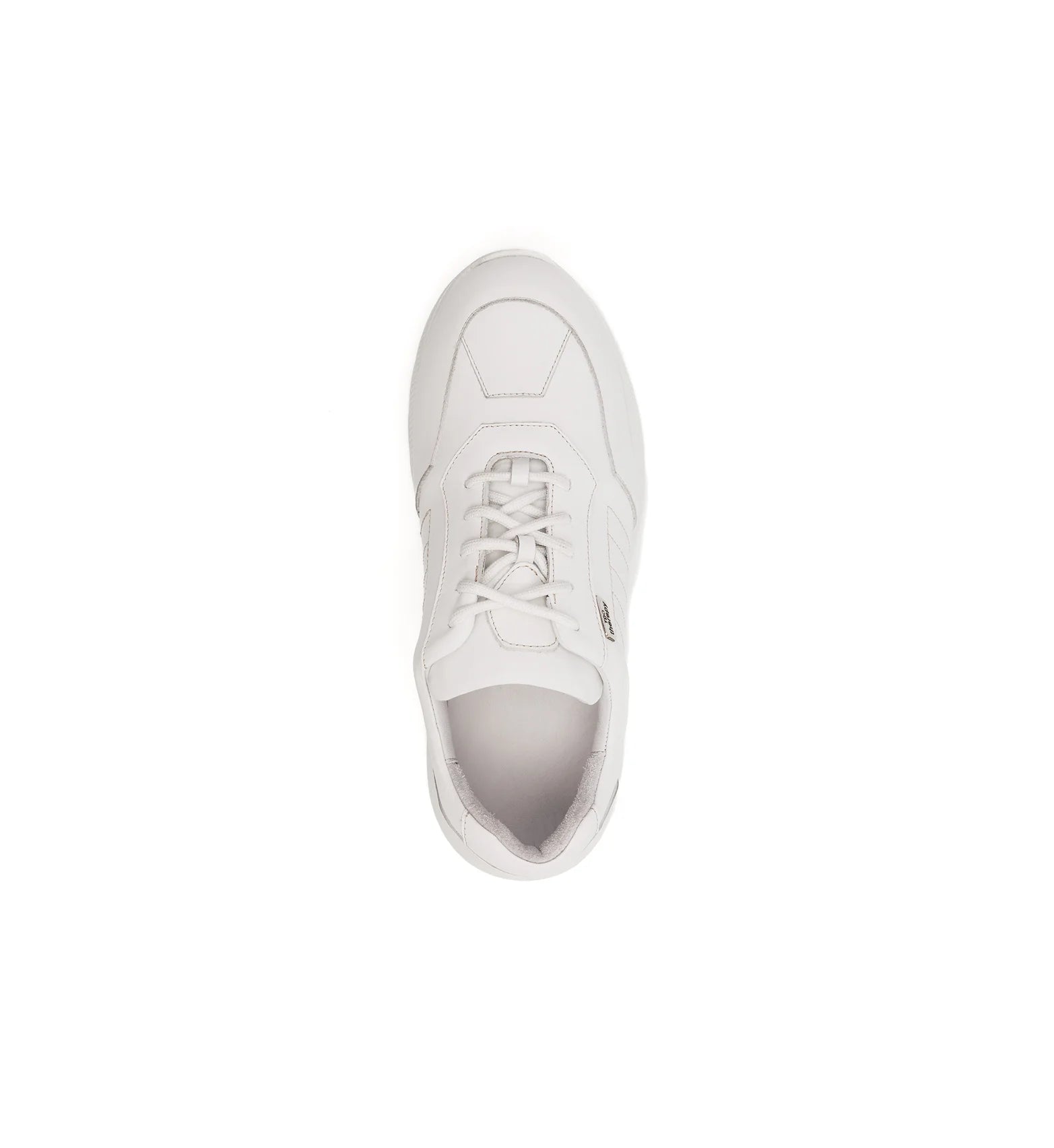 Top view of women’s white slip resistant wide and deep trainer with lace-up design and roomy fit