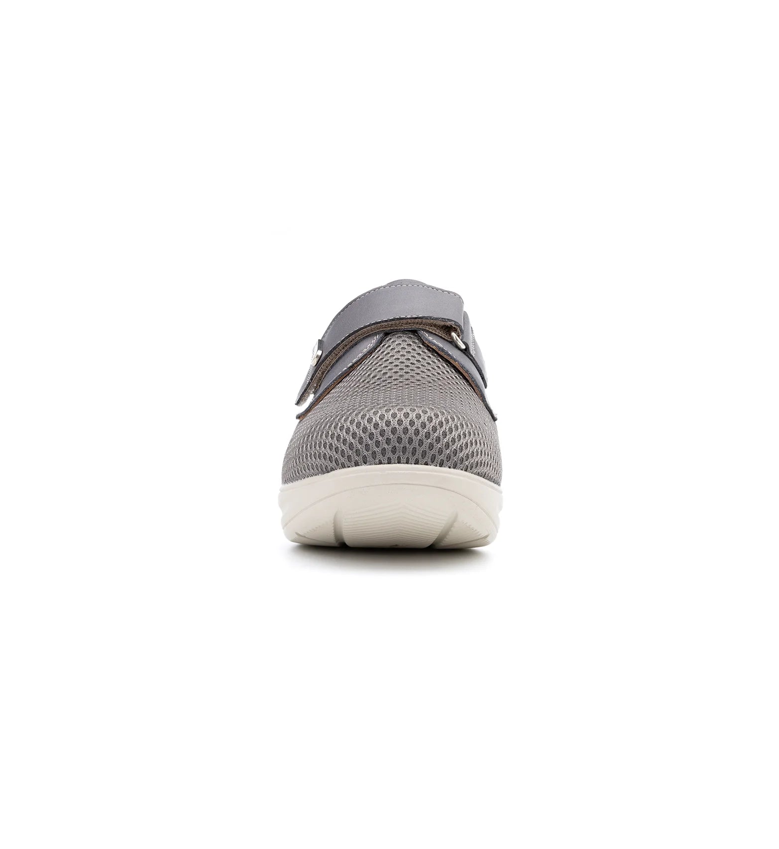 Front view of women's wide fit mesh shoes with a spacious toe area and secure hook and loop fastening.