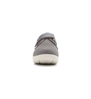 Front view of women's wide fit mesh shoes with a spacious toe area and secure hook and loop fastening.